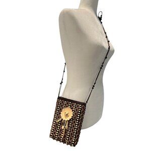 Handcrafted Panama Beaded Wooden Crossbody Bag With‎ Floral Design & Zipper